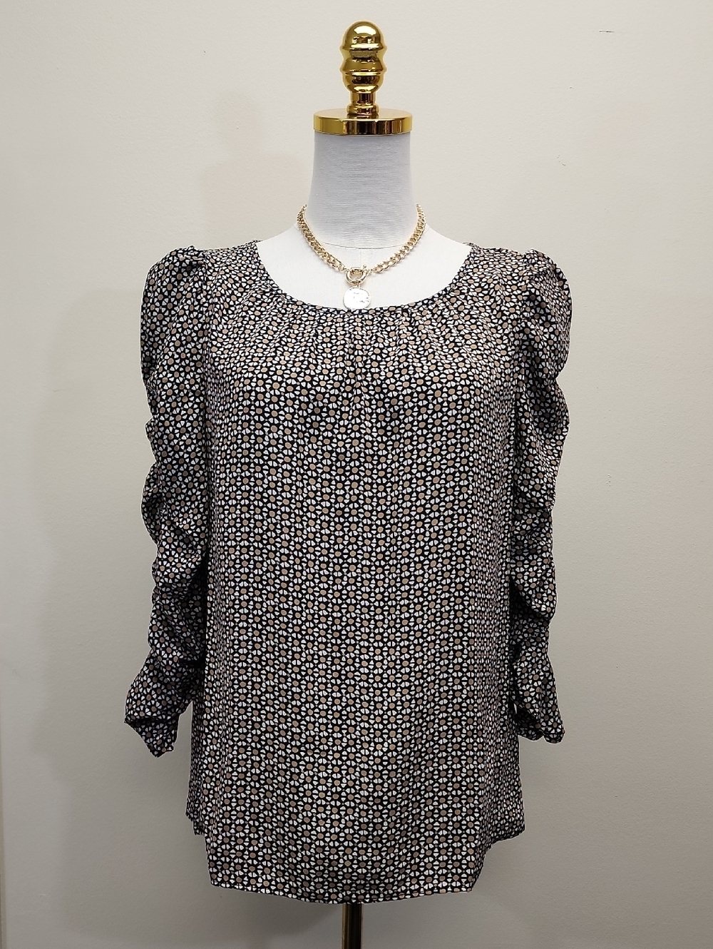 Max Studio Printed Blouse Black Cream Abstract Dot Long Sleeve Size Small
